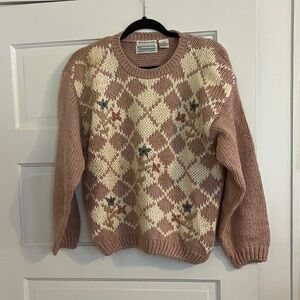 Vintage 90’s Hand Knit Argyle Sweater - Pink and Cream
